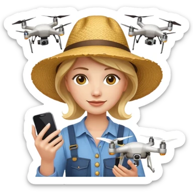 female farmer holding a smartphone with a drone flying in the background, emoji style sticker