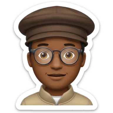black man with glasses, wearing a hat, friendly expression, inspired by the main character from the movie Soul, emoji style sticker