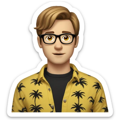 Twink nerdy man with auburn mid length hair brown eyes and Rectangular glasses, black turtleneck and yellow Hawaiian shirt, disapproval sticker
