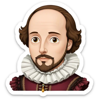 Cinematic Realistic portrait of William Shakespeare, depicted as an iconic playwright in richly detailed Elizabethan attire with a ruffled collar, expressive eyes, and a thoughtful gaze, bathed in dramatic historical lighting that evokes the Bard’s timeless legacy sticker
