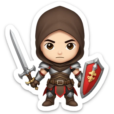 Cute chibi pixel-art fantasy assassin hero inspired by Dota 2, small stylized character, oversized head, dual daggers, confident smirk, simplified armor details, clean pixel outline, vibrant game colors, 2D sprite style, transparent background, isolated character, no background sticker