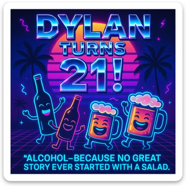 Completely change the style to vaporwave: neon colors, retro 80s grid, palm trees, synthwave sunset, chrome text, and keep the funny drink quote. Make it look digital and bold. sticker