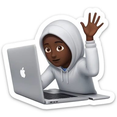A dark-colored laptop with the screen open. From the screen, a person is emerging, giving a lecture or teaching. The person should look expressive and in a teaching pose. Soft shadows, semi-3D emoji style, clean background. sticker