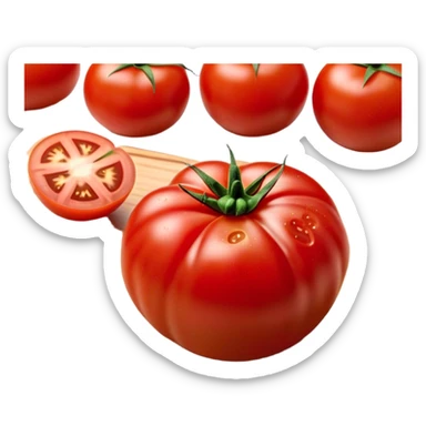 Cinematic juicy ripe tomatoe, deep red, slightly dewy, arranged on a wooden cutting board, soft glowing background, rich and flavorful. sticker
