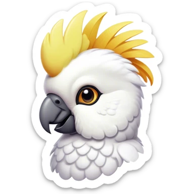 Cinematic Cute Cockatoo Portrait Emoji, Head tilted playfully and inquisitively, featuring a charming, fluffy form with a vividly colored crest, round, sparkling eyes full of playful wonder, and a soft, curved beak, Simplified yet irresistibly adorable features, highly detailed, glowing with a warm, inviting tropical glow, high shine, affectionate and lively, stylized with a touch of whimsical avian charm, soft glowing outline, capturing the essence of a mischievous yet loving cockatoo that seems as if it could flutter out of the screen into your arms! sticker