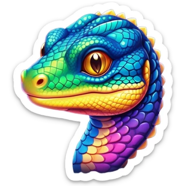Cinematic Cute Monitor Lizard Portrait Emoji, Head tilted playfully and inquisitively, with a sleek, patterned body accented by vibrant hues and round, sparkling eyes full of wonder, Simplified yet irresistibly adorable features, highly detailed, glowing with a warm, friendly glow, high shine, affectionate and lively, stylized with a touch of exotic charm, bright and endearing, soft glowing outline, capturing the essence of a mischievous yet captivating lizard that seems as if it could scuttle out of the screen into your arms! sticker