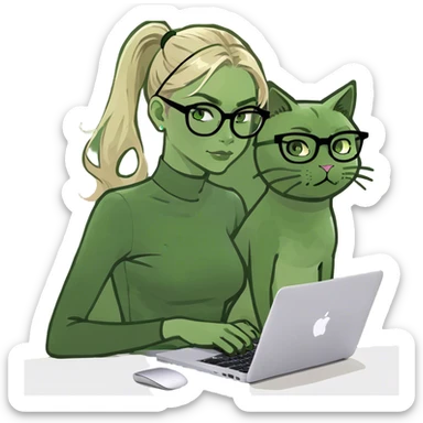 Blonde girl ponytail green eyes with macBook and a cat sticker