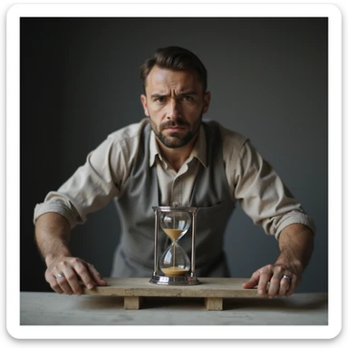 man weighing himself on a scale, disappointed face, next to him an hourglass slowly running, symbolizing metabolism, 4K details sticker