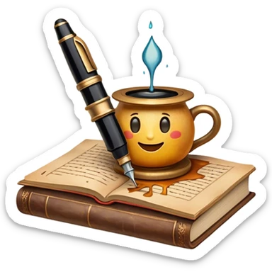 Create a vibrant emoji representing prose writing with an old-style, antique look. The design should include semi-turned pages of an old book with unfinished prose written on them. Add a vintage ink inkwell and a classic fountain pen or quill with black ink. Use warm, earthy tones like deep browns, golds, and creams for the book and ink bottle, with subtle ink splatters for an artistic touch. The overall style should evoke a sense of timeless storytelling and literary craftsmanship. Make the background transparent. sticker