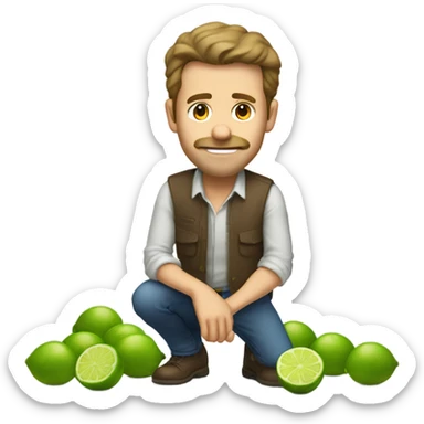 The same white man with brown hair bending down to pick up many fallen limes on the floor . No facial hair please sticker