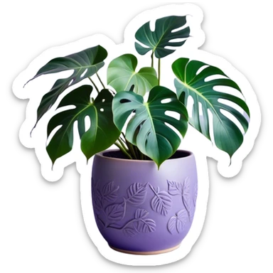 A stunning monstera plant with deep violet-green leaves, each leaf elegantly veined with subtle shades of purple, creating an ethereal glow. The plant is flourishing in a beautifully crafted lavender ceramic pot with intricate embossed floral patterns. The background features a softly blurred, moody violet gradient, enhancing the plant’s lush aesthetic. Delicate strands of ivy and tiny lavender blossoms cascade around the pot, adding depth and harmony. Soft, diffused lighting casts a gentle glow, emphasizing the plant’s unique coloration and creating a dreamy, artistic composition. sticker