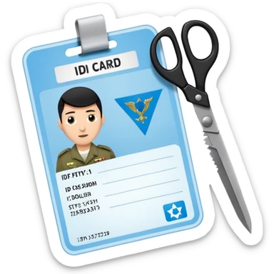 black Scissors cutting a light blue idf soldier ID card in 2 parts .hyper realistic sticker