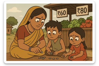 cartoon of a tribal Indian mother and children counting coins in front of a vegetable stall with expensive price signs, rural setting, simple clothing, expressive faces sticker