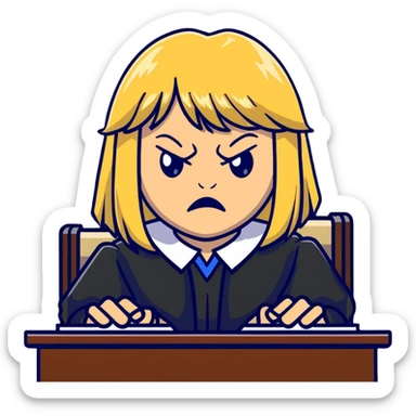 angry judge with blonde shoulder-length hair and bangs sticker