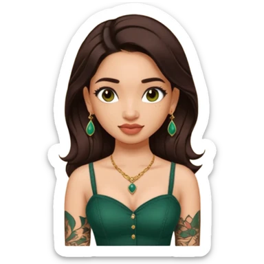 pretty bratz genmoji that looks like tamannah bhatia (bollywood actress), wearing a dark green sweetheart neckline top, dark brown hair, light makeup, no necklace, dangly earrings, side hair part, dark brown eyes, with full tattoos and neck tattoo sticker