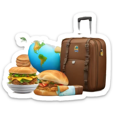 It represents the globe in the background, a travel bag, a paradise landscape and food. sticker