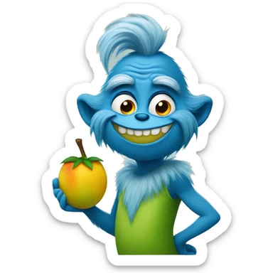 blue grinch holding a mango sticker