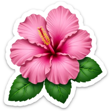 Pink Hibiscus shaped like a heart with green leaves sticker