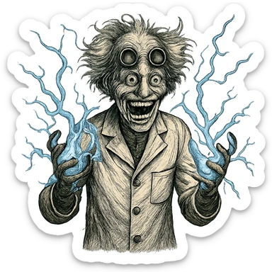 mad scientist going crazy, electricity crackling, wild grin sticker