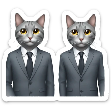 Two gray colored cats, wearing headphones, smiling, standing back to back with suits both wearing headphones.   sticker