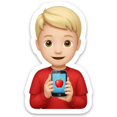 happy little kid with a phone, apple style emoji, wearing a red shirt, concise style typical of apple emojis sticker