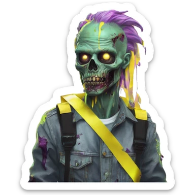 .Zombie_ with prosthetic vaporwave black holographic oilslick zombie unicorn yellow caution tape sticker