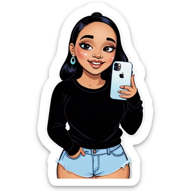 A shy slightly overweight beautiful girl with a diamond nose piercing holds her black iPhone  sticker