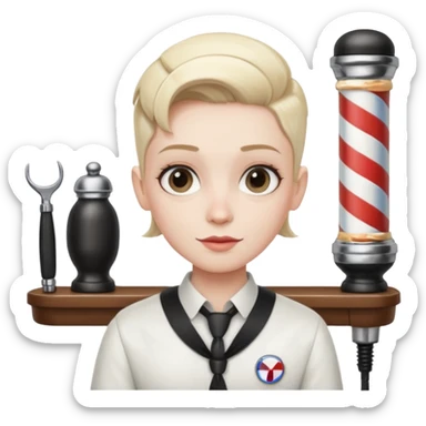 virtual assistant character in a small barber shop, with a barber pole in the background sticker