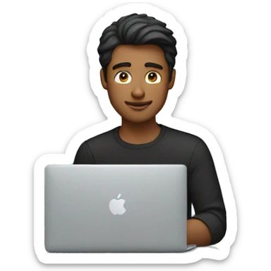 a guy wearing black shirt working behind a macbook sticker