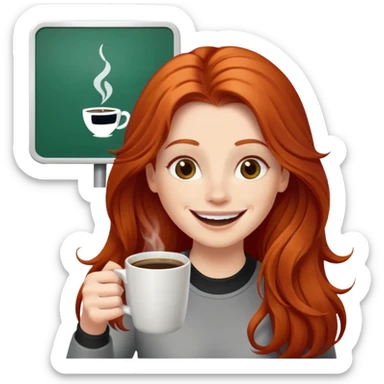 Excited long haired redhead drinking coffee with a sign in front saying GTSY sticker