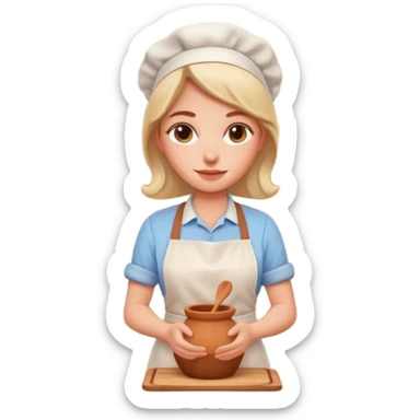 cartoon Apple iOS emoji style woman, pastel colors, Chilean wooden kitchen background, clay pots, warm light, detailed and clean vector art sticker