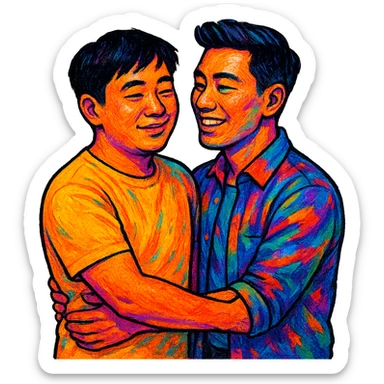 asian gay couple, different art style diverse vibrant sticker