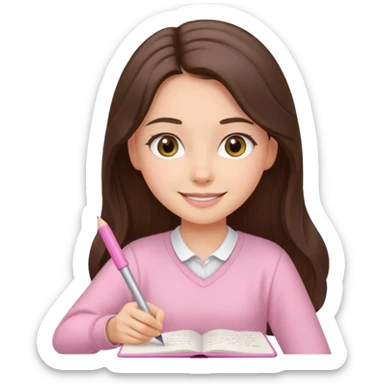 smiling long brunette hair girl hazel eyes wearing light pink clothes writing sticker
