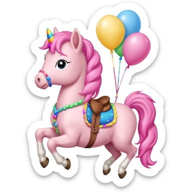 pinky pie mlp holding colorful balloons tied to its saddle, looking cheerful. sticker