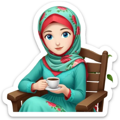 Turkish beautiful finish Konya girls blue eyes with Beautiful light red green floral hijab long tail dress and in a lovely garden sits on the chair on the ground and holds cup coffe with her hand  sticker