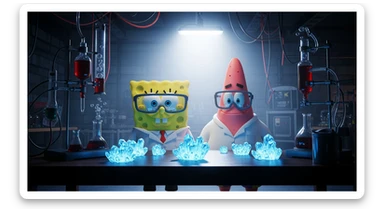 3D cienmatic cartoon shot, spongebob and patric dress in safety glasses and safe white outfit, the are standing front of table with blue crystals on table glowing (light source) science room in basement, back light, Cinema 4d render, proffesional lightning sticker