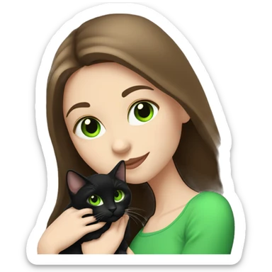 pale brunette girl with long brown hair with bright green eyes holding black cat sticker