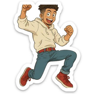 1 male, mid fade haircut dark chestnut brown curly hair, toasted lightskin, white hoodie sleeves up, fashion jeans, red fashion-sneakers shoes, red belt, short trimmed beard and goatee,  style of deku from "my hero academia", doing a "hype" pose sticker