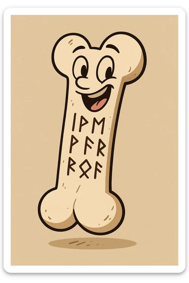 cartoon bone with ancient runes carved into the surface, playful style, simple shading sticker