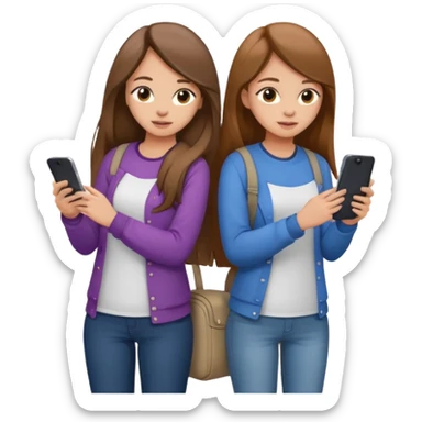 two brown haired girls, looking professional maybe leaned on each others back and looking forward and using phones, with long hair and with some cute clothes without ties, one girl can hold lap top another one can hold the phone sticker