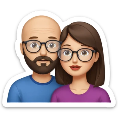 Bald man with beard kissing brunette floppy hair twink women with eyeglasses sticker