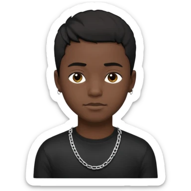 Generate a emoji of a black boy with dark skin, wearing a black compressed T-shirt, with short 4C black hair and make him wearing a silver chain, and make the chain thin sticker