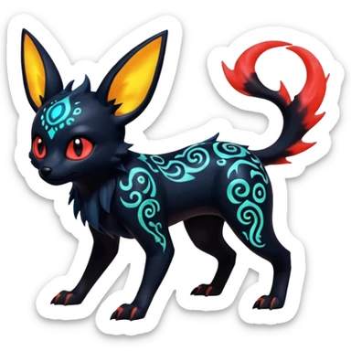 Shiny Fiery Dark Glowing Eldritch Horror Cool Edgy Badass Emo Glorious Demonic Batty Punky Aural Iridescent Fluorescent Bioluminescent Umbreon-Amaura-Salandit-Litten-Flareon-Fakémon-fusion (full body) with intricate pattern markings sticker