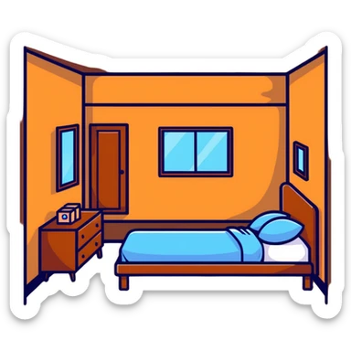 cute bedroom with cream colored walls, wooden bed frame, wooden shelves, fluffy rug, plants sticker