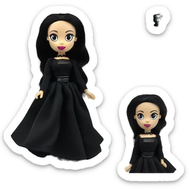 Wednesday Addams Barbie themed Scion Fr-s.  Small very light skin face. Earrings with matching necklaces. Long silky raven hair. black flowing strapless tight evening gown neckline that’s off-the-shoulders shows her legs and black high heel  sticker