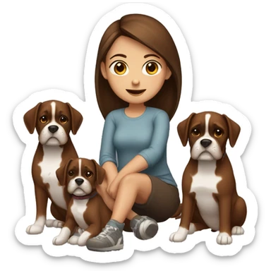 a brown hair girl sitting with two dark brown boxer dogs sticker