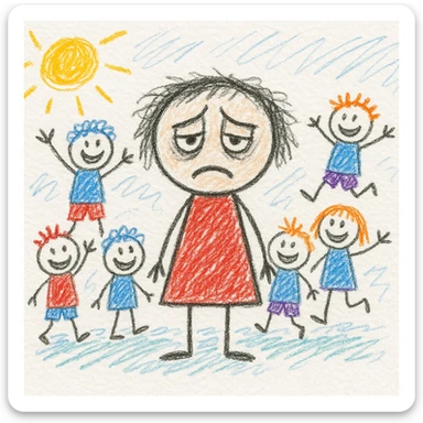 exhausted teacher in a bustling classroom sticker