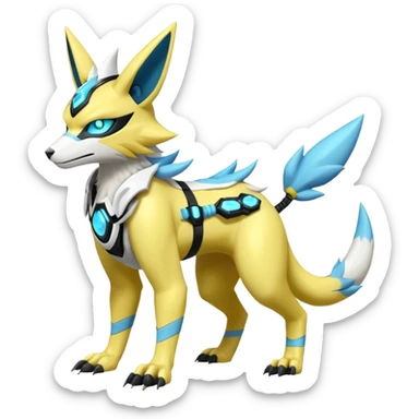 Shiny cyan yellow white electric complex futuristic white-cyber-masked Zeraora-Renamon-Electrike-Umbreon-Lombax-Weregarurumon-fusion-creature (full body sticker