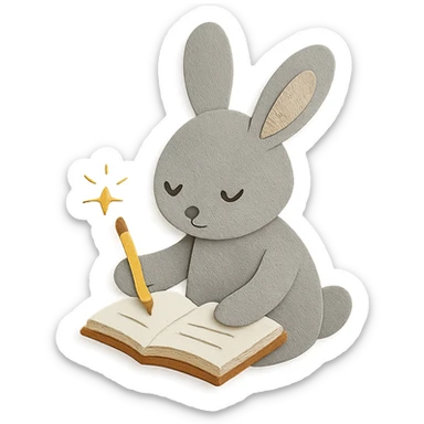 highly detailed, high quality paper craft style illustration of a gray bunny writing in a notebook with a spark of light, intricate textures, soft lighting, delicate cut-paper details sticker