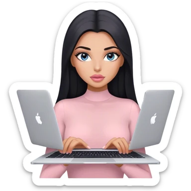 Glamours, tanned, very beautiful girl, with big pump peach-beige-rose lips, long lashes, black straight smooth silky long hair, straight parting hair, blue-grey eyes, in light-pink bodysuit holding MacBook sticker